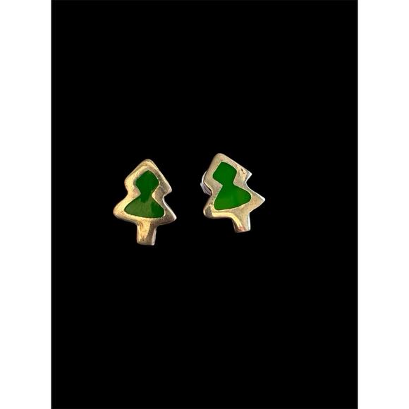 Sterling Silver Primitive Enamel Christmas Tree Stud Earrings 925 - Picture 1 of 4